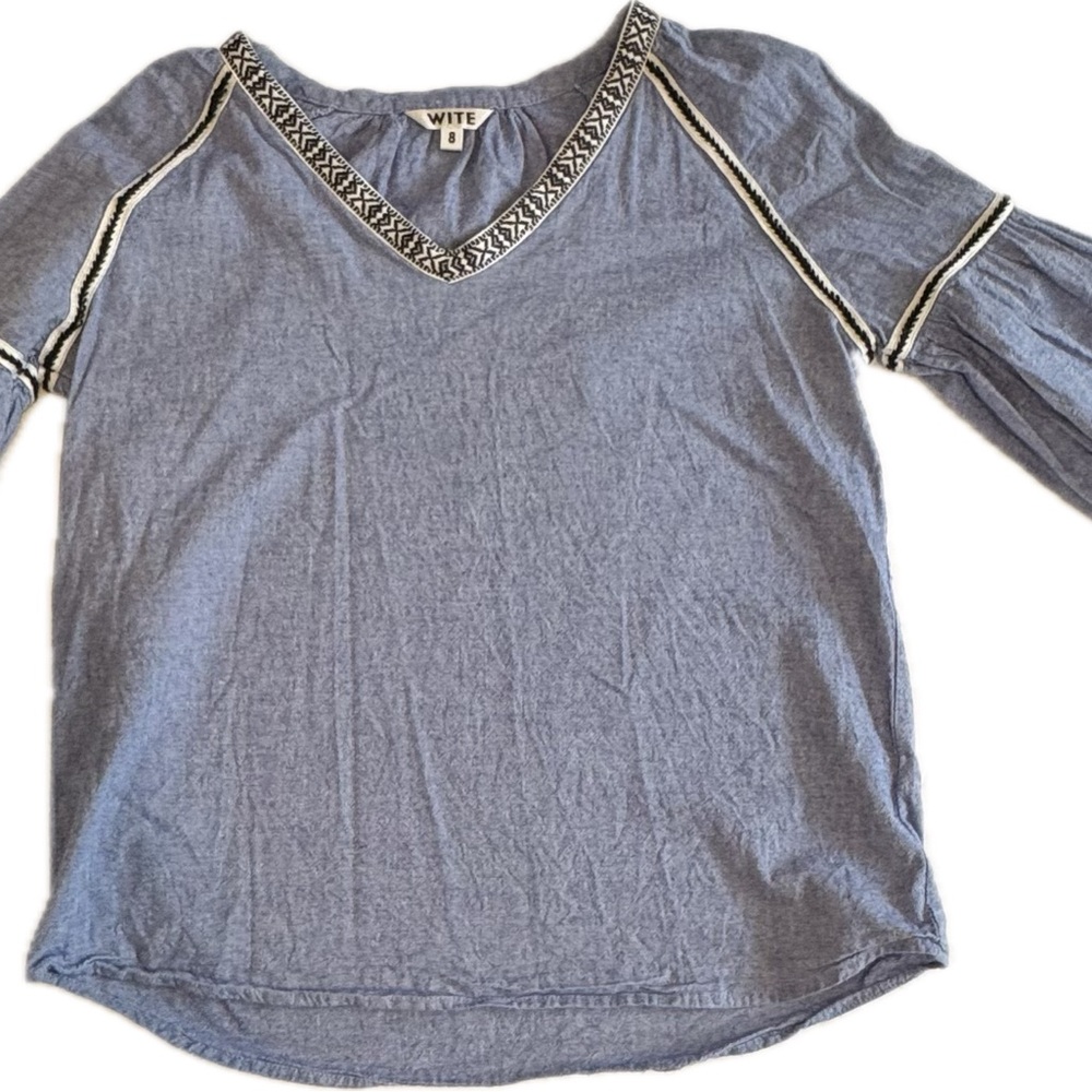 WITE Women’s Blue Embroidered Blouse – Size 8 – Boho V-Neck Top